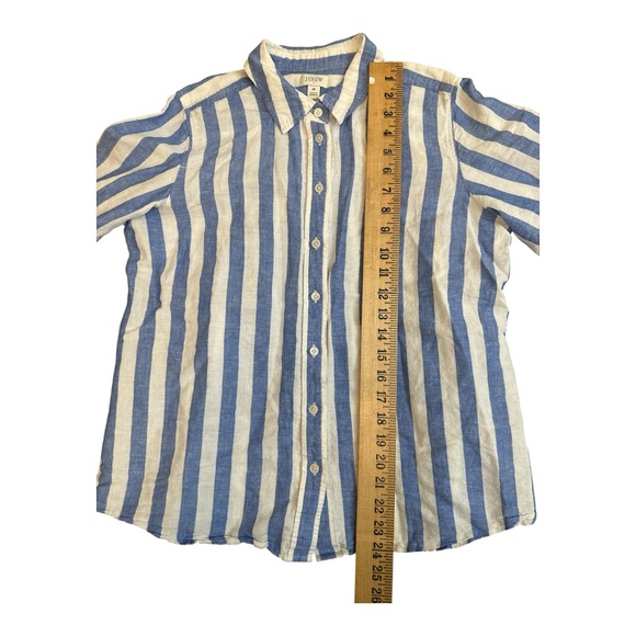 J Crew Linen Shirt M Blue White Stripe Long Sleeve Oxford Collar Preppy Beach - Picture 7 of 8